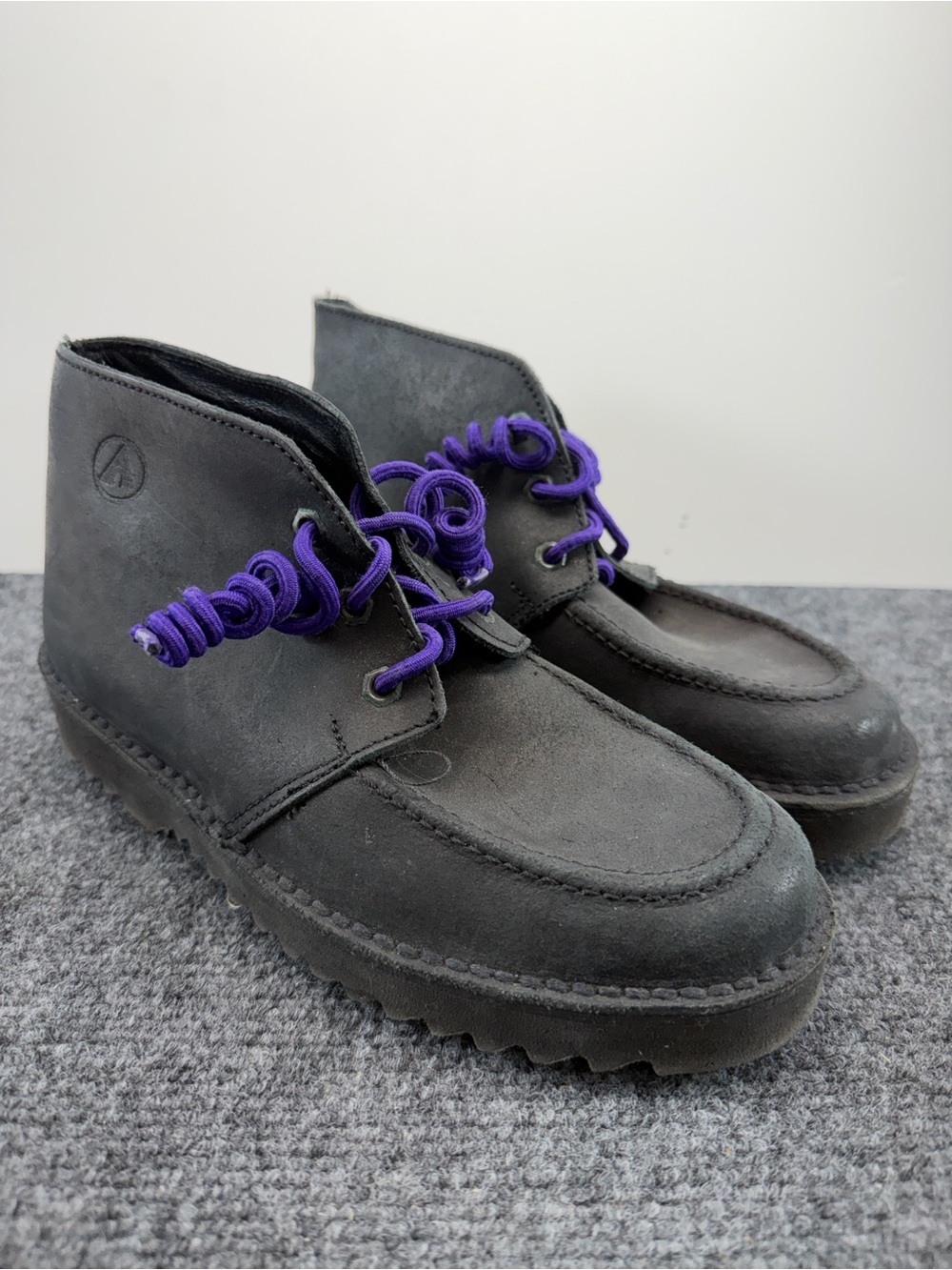 Air Walkers Vintage Black Leather Moc Toe Boots Men 5 Women 6.5 Purple Laces